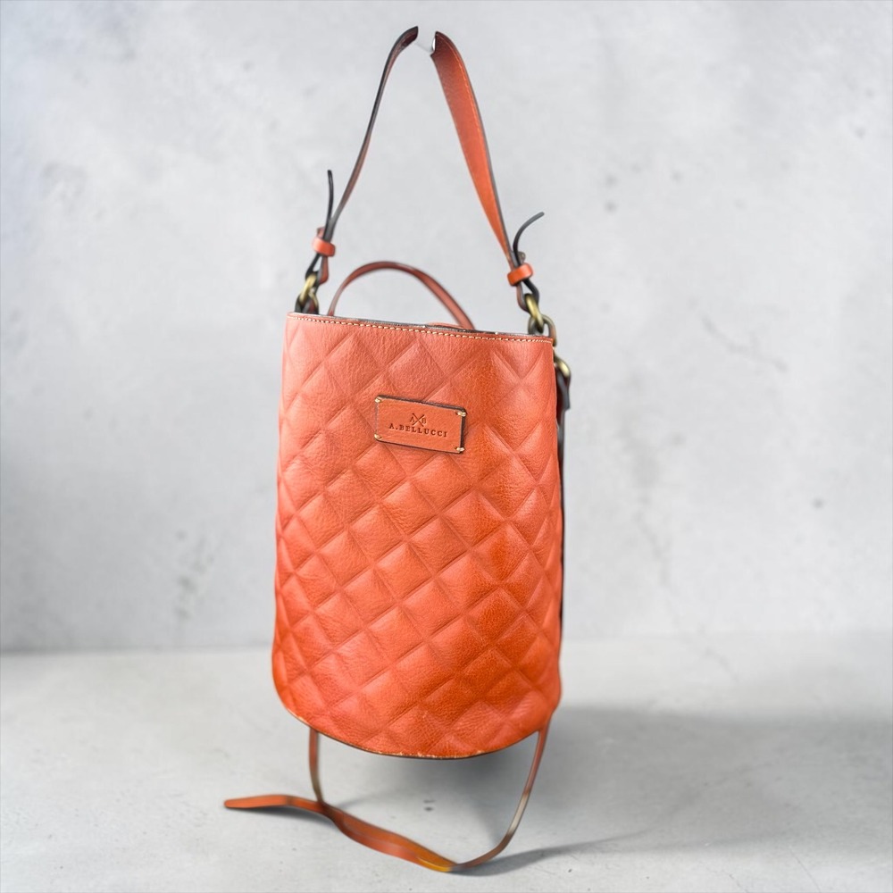 A. Bellucci Bucket Bag Medium Brown Quilted Leather Made in Italy Crossbody‎